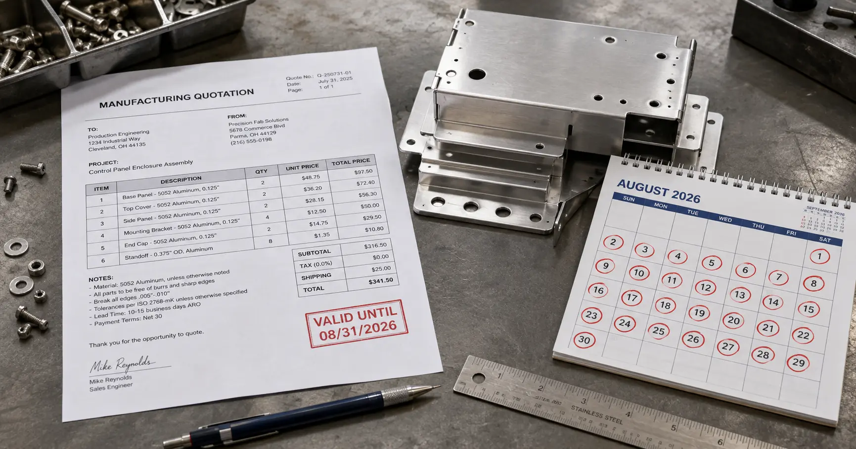Ein gedrucktes Fertigungsangebot neben CNC-bearbeiteten Blechteilen mit einem markierten 30-Tage-Kalender auf dem Schreibtisch