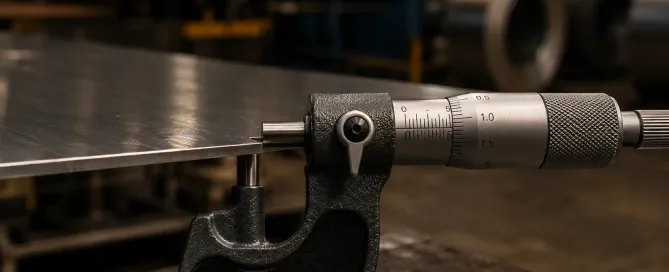 Nahaufnahme eines Mikrometers zur Messung der Dicke von kaltgewalztem Stahlblech