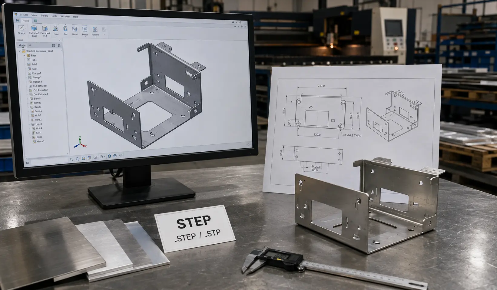 STEP-Datei für die Blechfertigung mit 3D-CAD-Modell und gefertigtem Metallteil