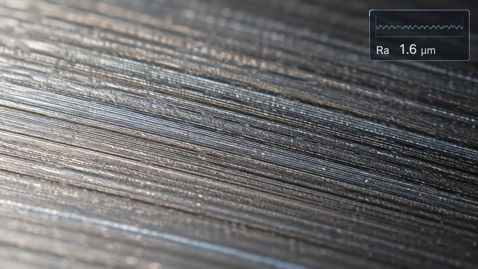 Makro-Nahaufnahme einer bearbeiteten Metalloberfläche mit sichtbaren Werkzeugspuren, Rauheitsspitzen und -tälern, mit einer Overlay-Anzeige der Oberflächenrauheitsmessung