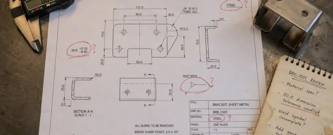 Technische Zeichnung in der Werkstatt mit roten Markierungen, die mehrdeutige Spezifikationen für die technische Klärung hervorheben