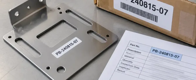 Etikettierte Kartons mit Blechteilen, die als Produktionscharge mit Chargennummernetiketten gruppiert sind