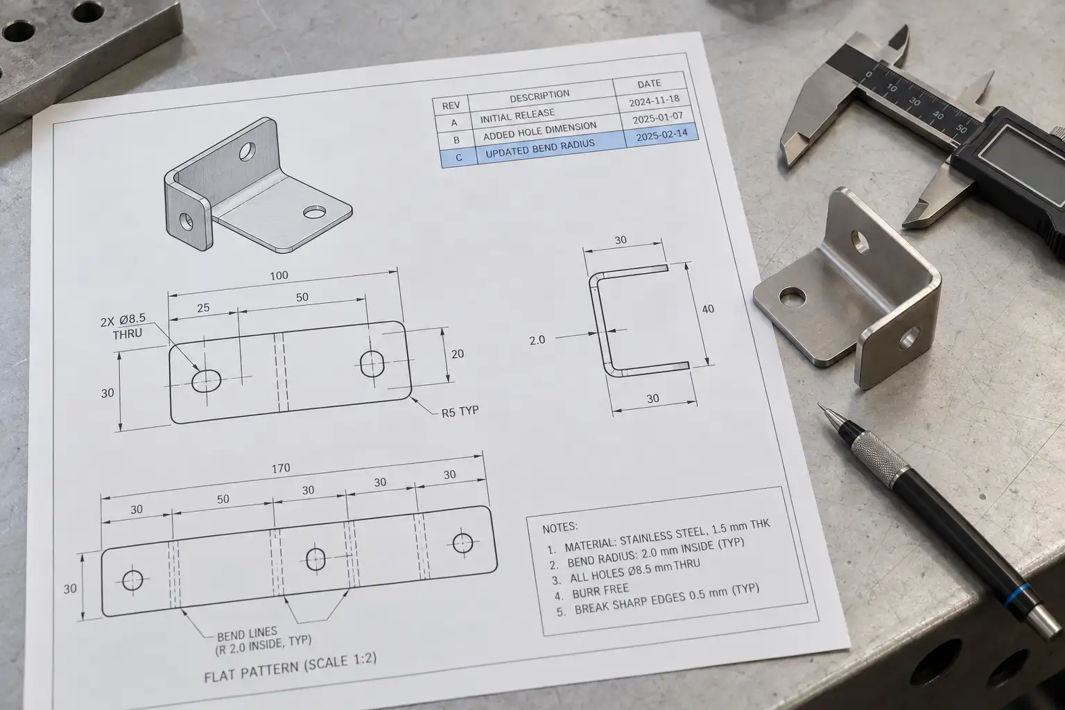Technische Zeichnung mit einer formellen Revisionsübersicht, die eine genehmigte Designänderung hervorhebt