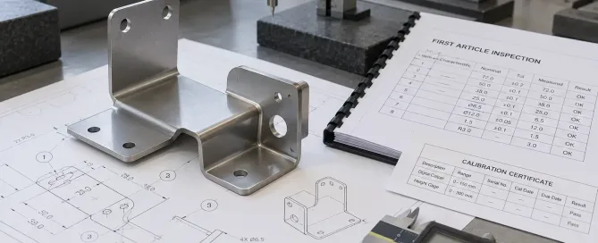 Erstmusterprüfungspaket für Blechumformung mit KMG-Bericht, Messschiebern und gebogenem Metallhalter auf einem Qualitätsschreibtisch