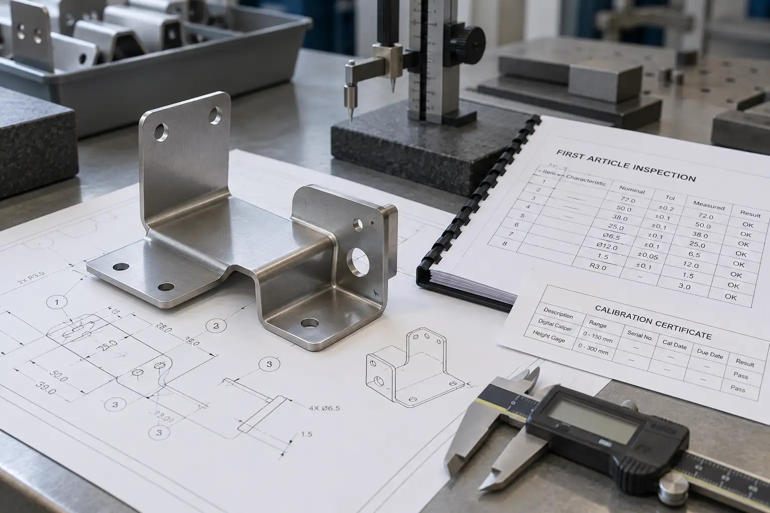 Erstmusterprüfungspaket für Blechumformung mit KMG-Bericht, Messschiebern und gebogenem Metallhalter auf einem Qualitätsschreibtisch