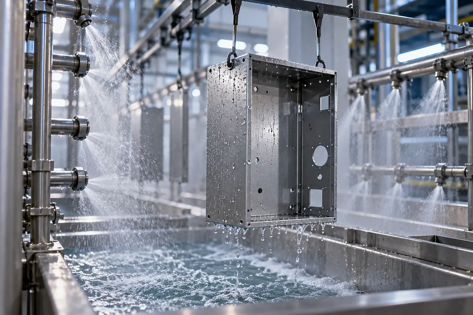 Kundenspezifisches Blechgehäuse auf einer industriellen Vorbehandlungslinie vor der Pulverbeschichtung