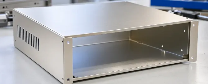 Eloxiertes Aluminium-Blechgehäuse auf einem Werkstatttisch mit sauberen Biegungen und gleichmäßiger Oberflächenbeschaffenheit