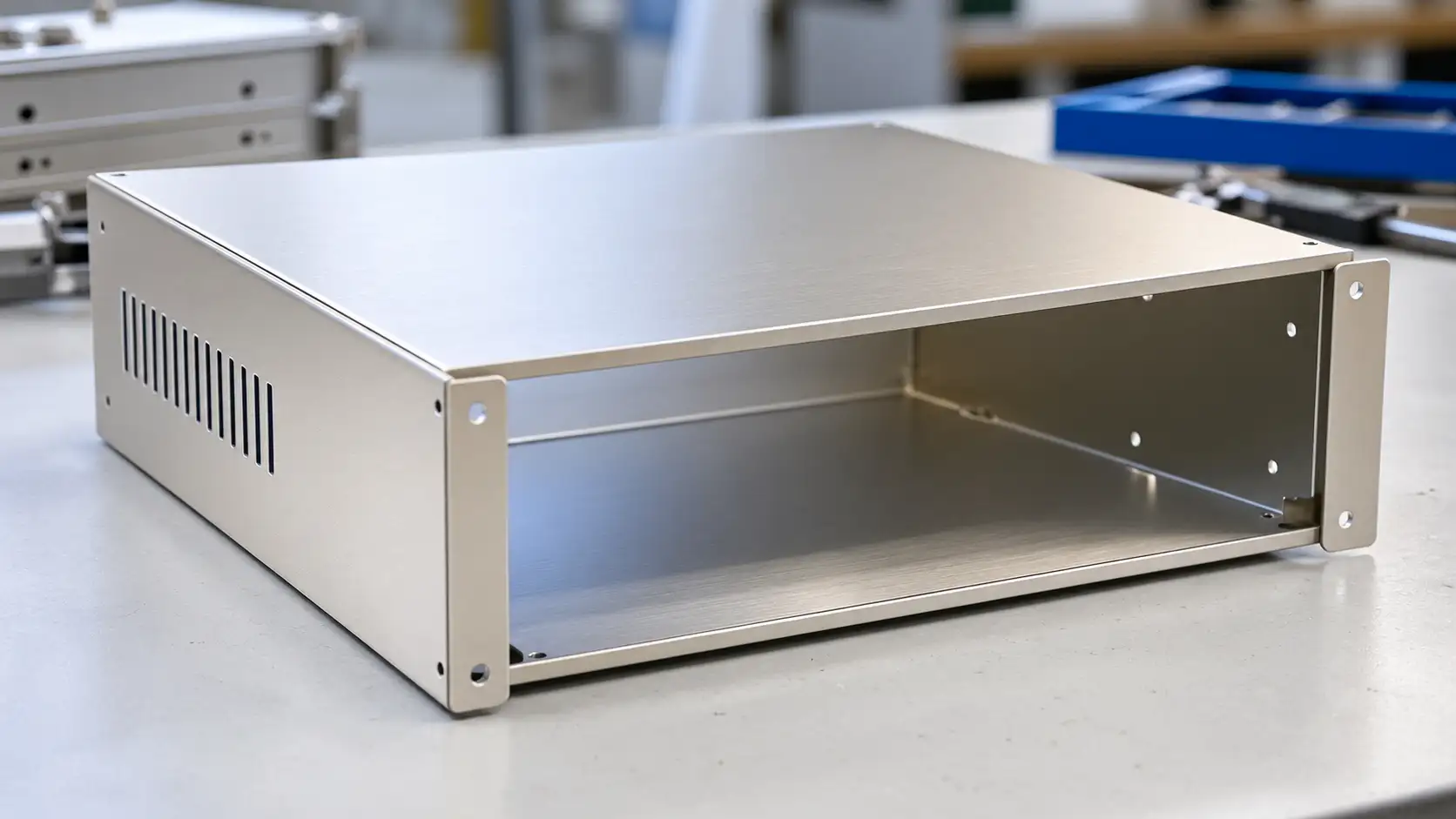 Eloxiertes Aluminium-Blechgehäuse auf einem Werkstatttisch mit sauberen Biegungen und gleichmäßiger Oberflächenbeschaffenheit