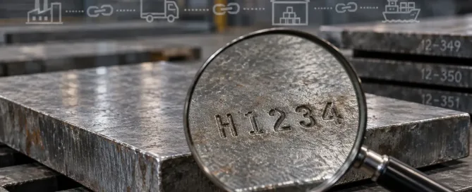 Stahlplatte mit eingestempelter Schmelzennummer H1234 und Lupe zur Fokussierung auf die Rückverfolgbarkeit