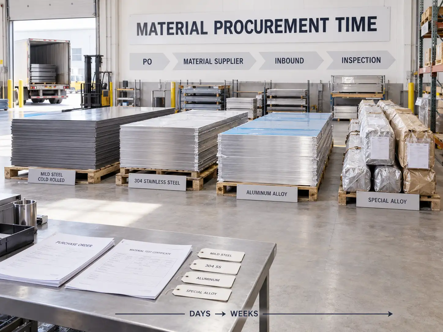 Materialbeschaffungszeit für die Blechfertigung von der Lieferantenbestellung bis zum Materialeingang