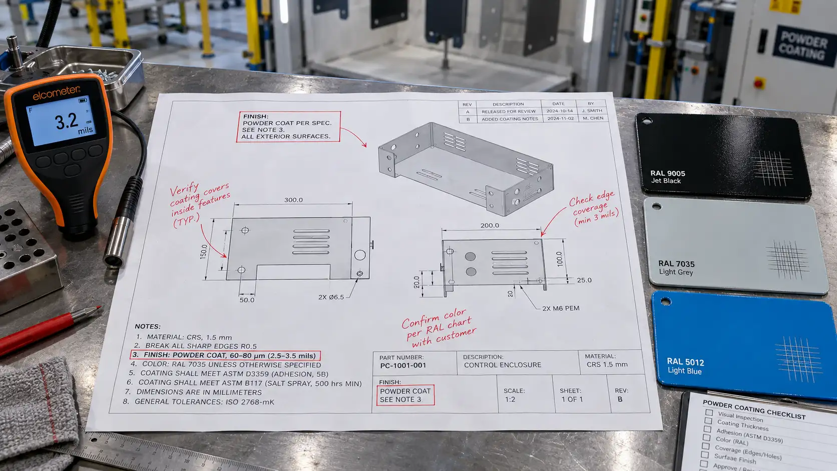 Ingenieur bei der Überprüfung von Pulverbeschichtungsspezifikationen auf einer Blechzeichnung mit Schichtdickenmessgerät und Testmustern