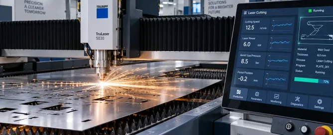 Laserschneidmaschine mit Echtzeit-Parameterüberwachungsanzeige, die Schnittgeschwindigkeits-, Leistungs- und Gasdruckregler in einer Blechfertigungsanlage zeigt