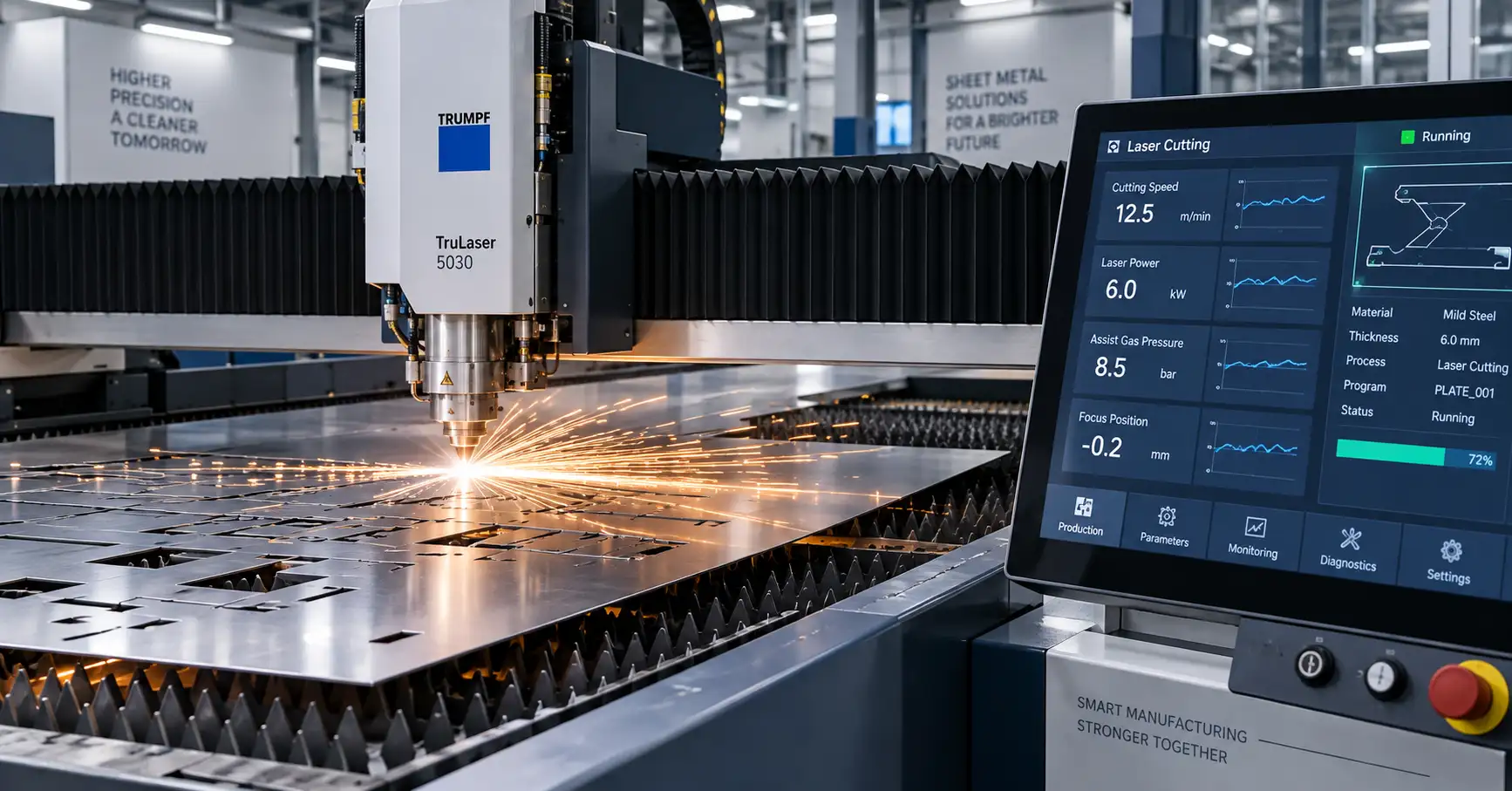 Laserschneidmaschine mit Echtzeit-Parameterüberwachungsanzeige, die Schnittgeschwindigkeits-, Leistungs- und Gasdruckregler in einer Blechfertigungsanlage zeigt