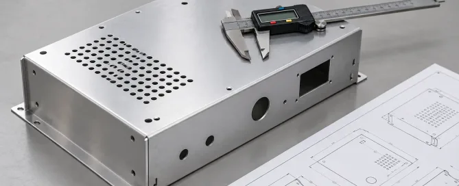 Präzisions-Blechgehäuse-Prototyp auf einem Prüftisch mit digitalen Messschiebern und einer technischen Zeichnung