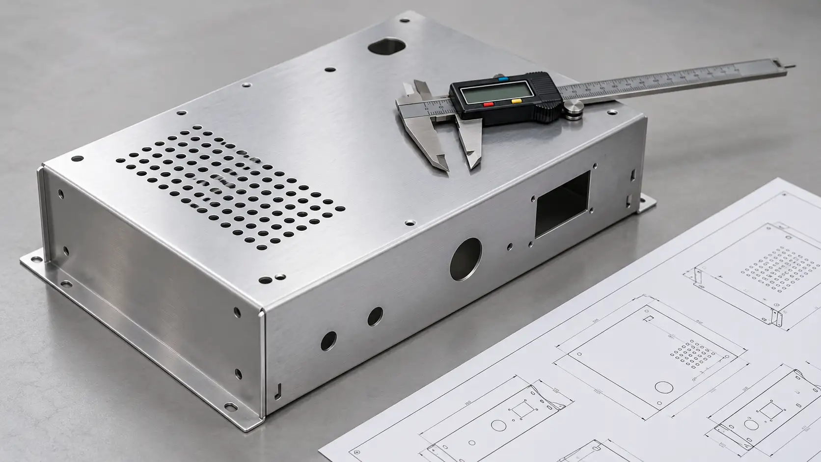 Präzisions-Blechgehäuse-Prototyp auf einem Prüftisch mit digitalen Messschiebern und einer technischen Zeichnung
