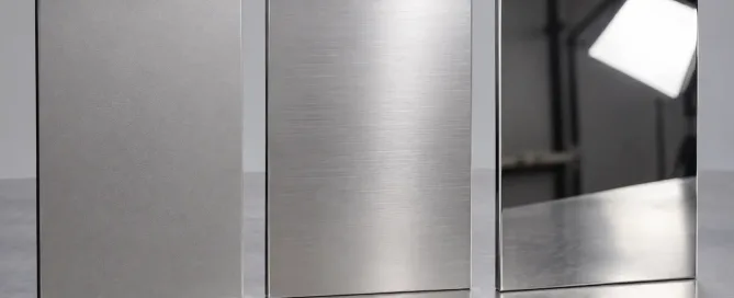 Drei Edelstahlplatten mit mattem, satiniertem und glänzendem Finish nebeneinander unter diffusem Licht