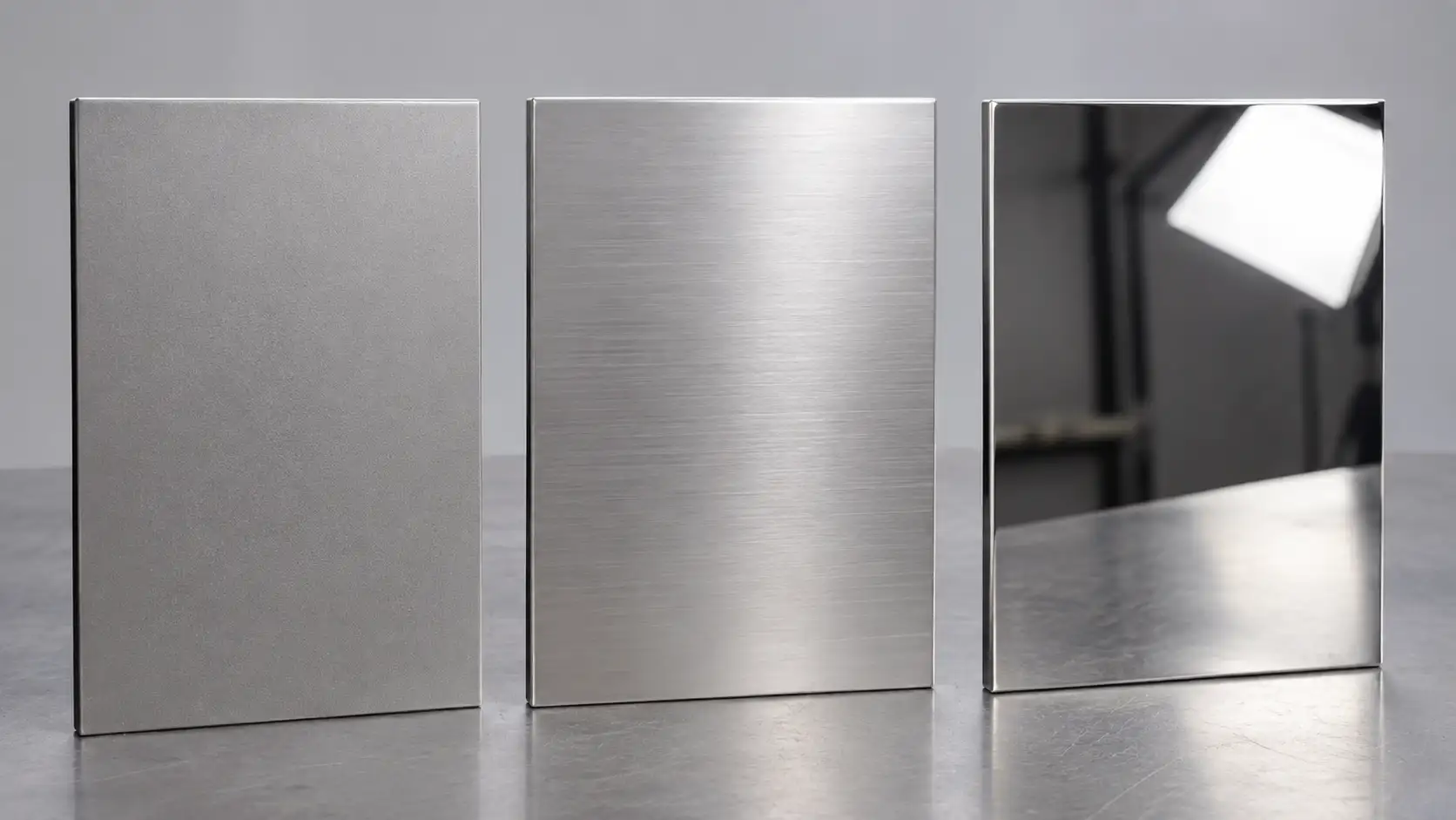 Drei Edelstahlplatten mit mattem, satiniertem und glänzendem Finish nebeneinander unter diffusem Licht