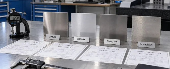 Blechmaterialproben mit verschiedenen Güten, Dicken und Zertifizierungsdokumenten auf einer Werkbank ausgestellt